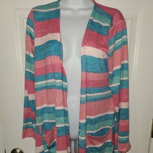 Lularoe Pink, Teal Striped Caroline Cardigan Sz M